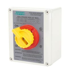 BRYANT 664X33D Switch and Lighting Controls, Enclosed Rotary Motor Controller, Three Pole, 30A 600V AC, Terminal Screws, Thermoplastic 4X Non-metallic Enclosure