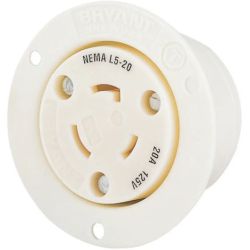 BRYANT 70520ER Locking Devices Industrial Flanged Nylon Receptacle 20A 125V 2-Pole 3-Wire Grounding L5-20R Screw Terminal White