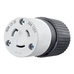 BRYANT 70520NC Locking Device, Industrial, Female Connector Body, 20A 125V, 2-Pole 3-Wire Grounding, L5-20R, Screw Terminal, Black and White