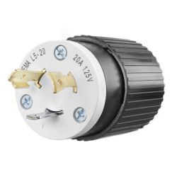 BRYANT 70520NP Locking Device, Industrial, Male Plug, 20A 125V, 2-Pole3-Wire Grounding, L5-20P, Screw Terminal, Black and White