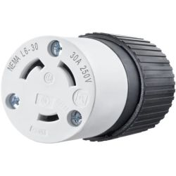 BRYANT 70630NC Locking Devices Industrial Female Nylon Connector Body 30A 250V 2-Pole 3-Wire Grounding L6-30R Screw Terminal Black and White