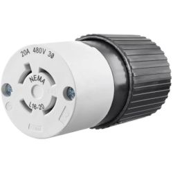 BRYANT 71620NC Locking Devices Industrial Female Nylon Connector Body 20A 3-Phase Delta 480VAC 3-Pole 4-Wire Grounding L16-20R Screw Terminal Black and White