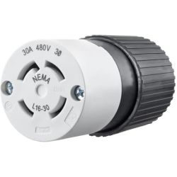 BRYANT 71630NC Locking Devices Industrial Female Nylon Connector Body 30A 3-Phase Delta 480VAC 3-Pole 4-Wire Grounding L16-30R Screw Terminal Black and White