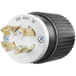 BRYANT 71630NP Locking Devices Industrial Male Nylon Plug 30A 3- Phase Delta 480VAC 3-Pole 4-Wire Grounding L16-30P Screw Terminal Black and White