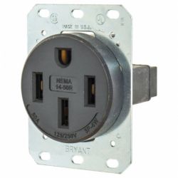 BRYANT 9450FR Flush Mount Single Receptacle, Commercial/Industrial Grade, 50A 125/250V, 3-Pole 4-Wire Grounding, Reinforced Thermoplastic Polyester, 14-50R, Black, Single Pack