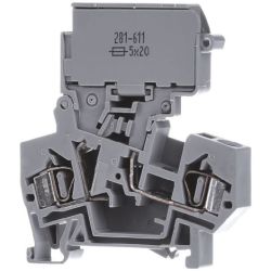 WAGO 281-611 2-conductor fuse terminal blocks; with pivoting fuse holder; for 5 x 20 mm miniature metric fuse; without blown fuse indication; for DIN-rail 35 x 15 and 35 x 7.5; 4mm<sup>2</sup>; CAGE CLAMP&reg;; gray
