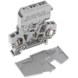 WAGO 281-623/281-418 2-conductor fuse terminal pivoting fuse holder for glass cartridge fuse ¼" x 1¼" blown fuse indication by neon lamp 120 V for DIN-rail 35 x 15 and 35 x 7.5 4 mm<sup>2</sup>  4.00 mm<sup>2</sup> gray