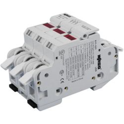 WAGO 811-331 2-conductor fuse terminal blocks; for cylindrical fuses 10 x 38 mm; 13/32" x 11/2"; 3-pole; with blown fuse indication; for DIN-rail 35 x 15 and 35 x 7.5; 16 mm<sup>2</sup>; CAGE CLAMP®; 16,00 mm<sup>2</sup>; light gray