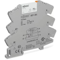 WAGO 857-304 Relay module; Nominal input voltage: 24 VDC; 1 changeover contact; Limiting continuous current: 6 A; Yellow status indicator; Module width: 6 mm; 2.50 mm<sup>2</sup>; gray